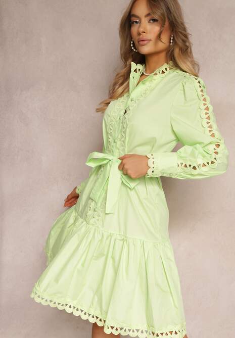Jasnozielona Sukienka Midi z Ażurowymi Wstawkami i Wiązanym Paskiem Hudo