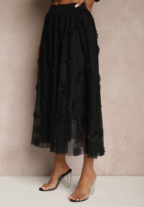 Czarna Tłoczona Spódnica o Rozkloszowanym Kroju z Gumką w Pasie Folunetta