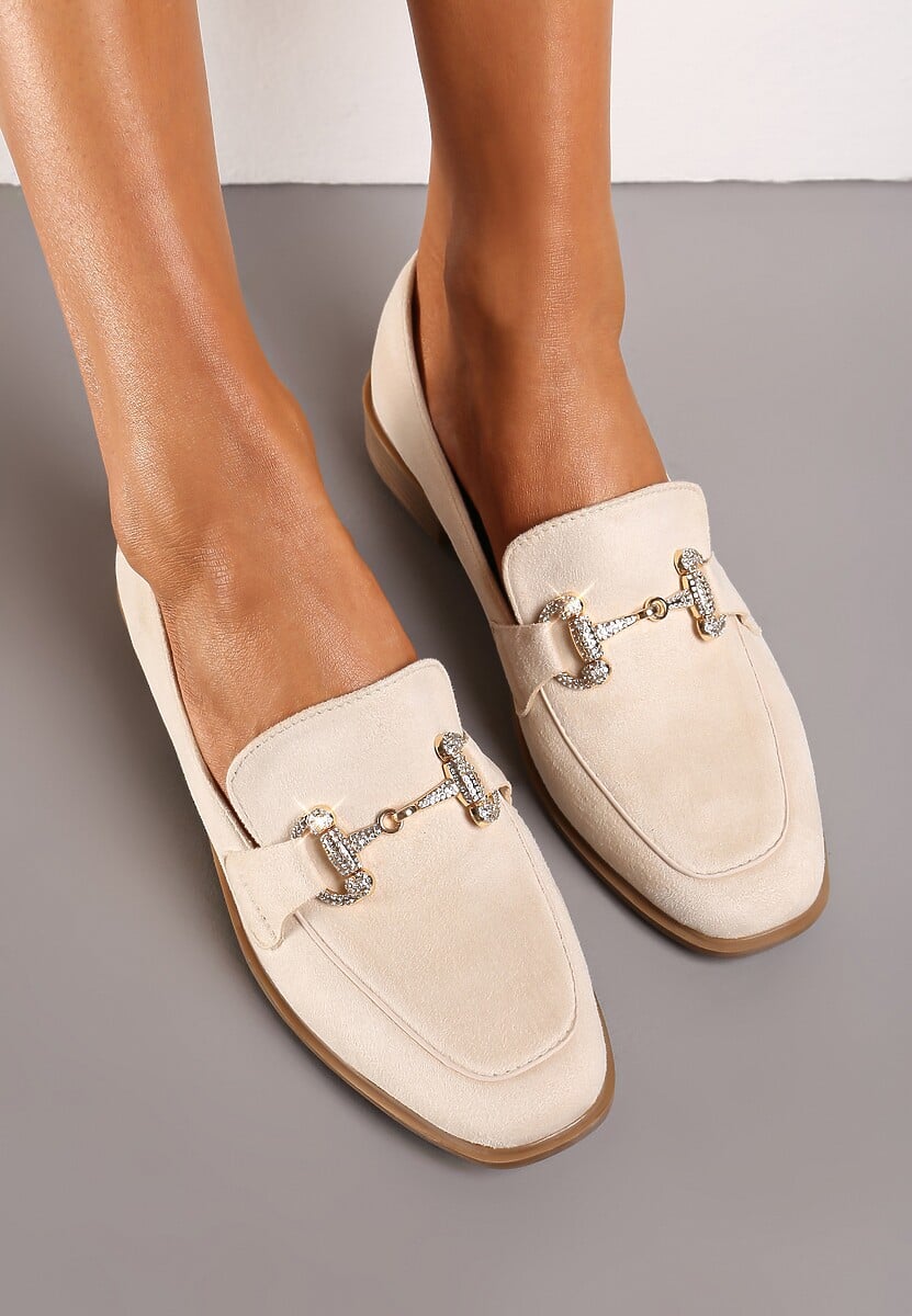 Beżowe Mokasyny z Klamerką i Cyrkoniami Mialla