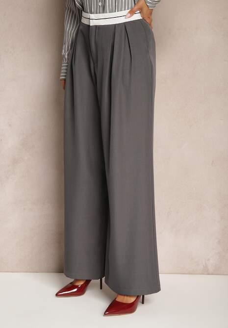 Szare Spodnie z Wiskozy Palazzo High Waist Zapinane na Suwak Nellieva