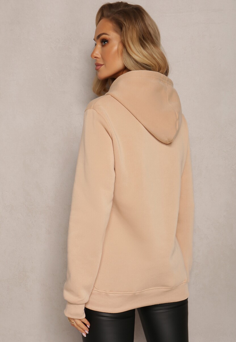 Beżowa Bluza Wykończona Polarem z Nadrukiem i Kapturem Nimba