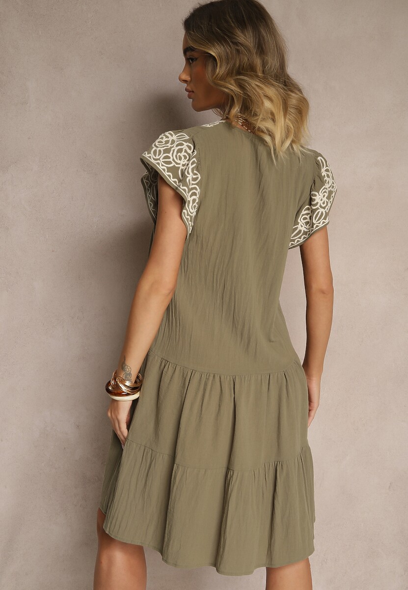 Zielona Bawełniana Sukienka Boho Ozdobiona Haftami Eviriella