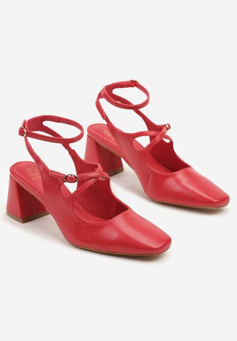 Czerwone Sandały na Obcasie w Stylu Retro Mary Jane z Ozdobnymi Paskami Zenozi