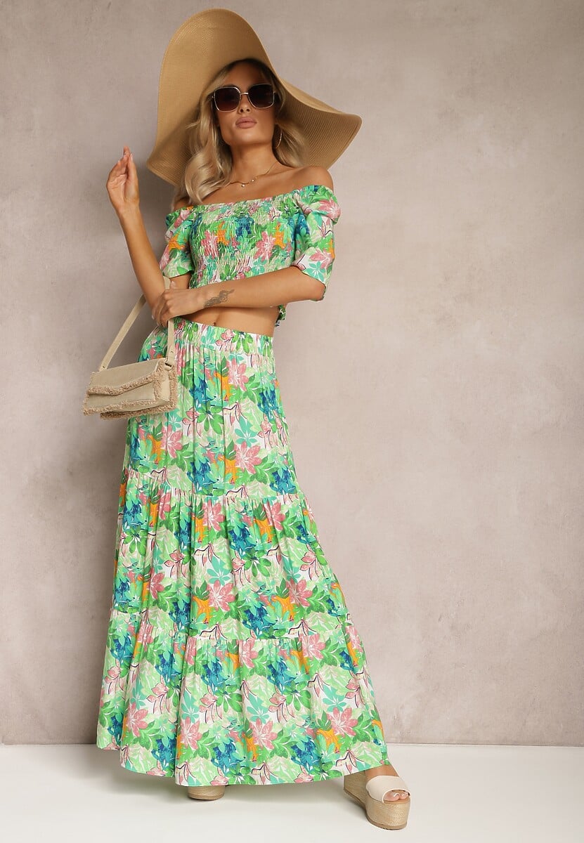 Zielony Letni Komplet na Lato z Topem i Długą Spódnicą Zepilra