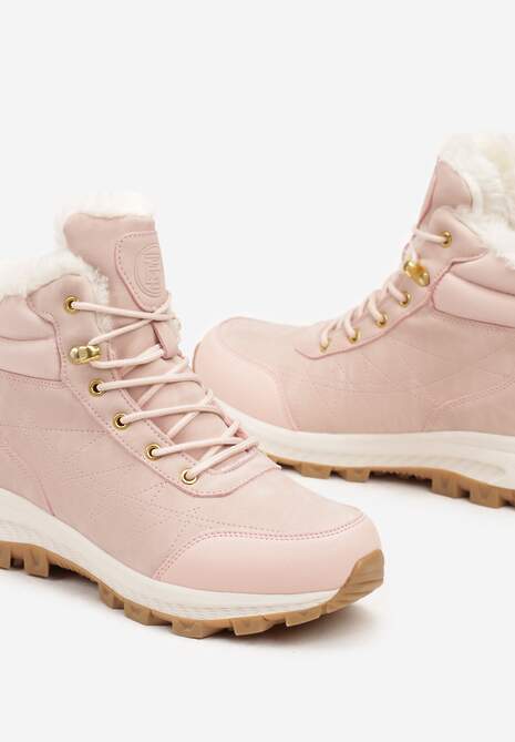 Różowe Traperki na Tłoczonej Platformie ze Sznurowaniem Zinlatta