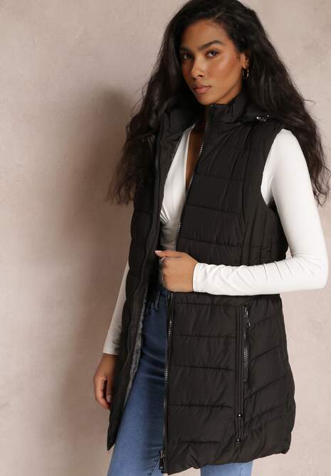 Czarna Kamizelka Długa Pikowana z Kapturem Savisuk