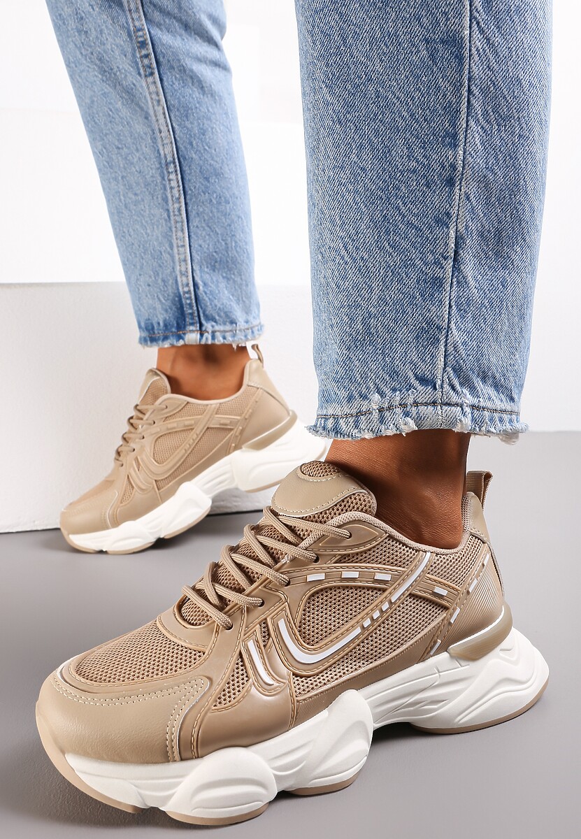Ciemnobeżowe Sneakersy przed Kostkę z Przeszyciami Portle
