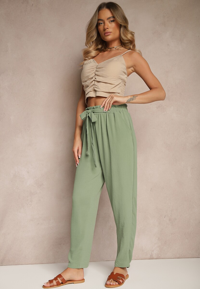 Zielone Spodnie High Waist Ozdobione Wiązanym Paskiem Araleira