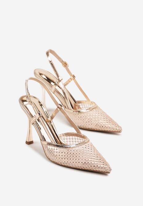 Szampańskie Sandały na Szpilce Vices z Siateczkową Cholewką z Cyrkoniami Liramire