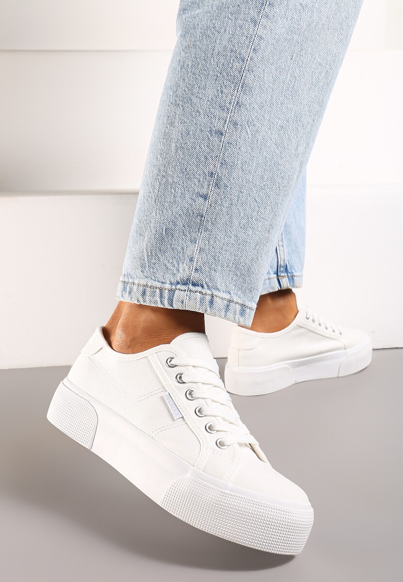 Białe Casualowe Trampki przed Kostkę na Platformie ze Sznurowaniem Reapita