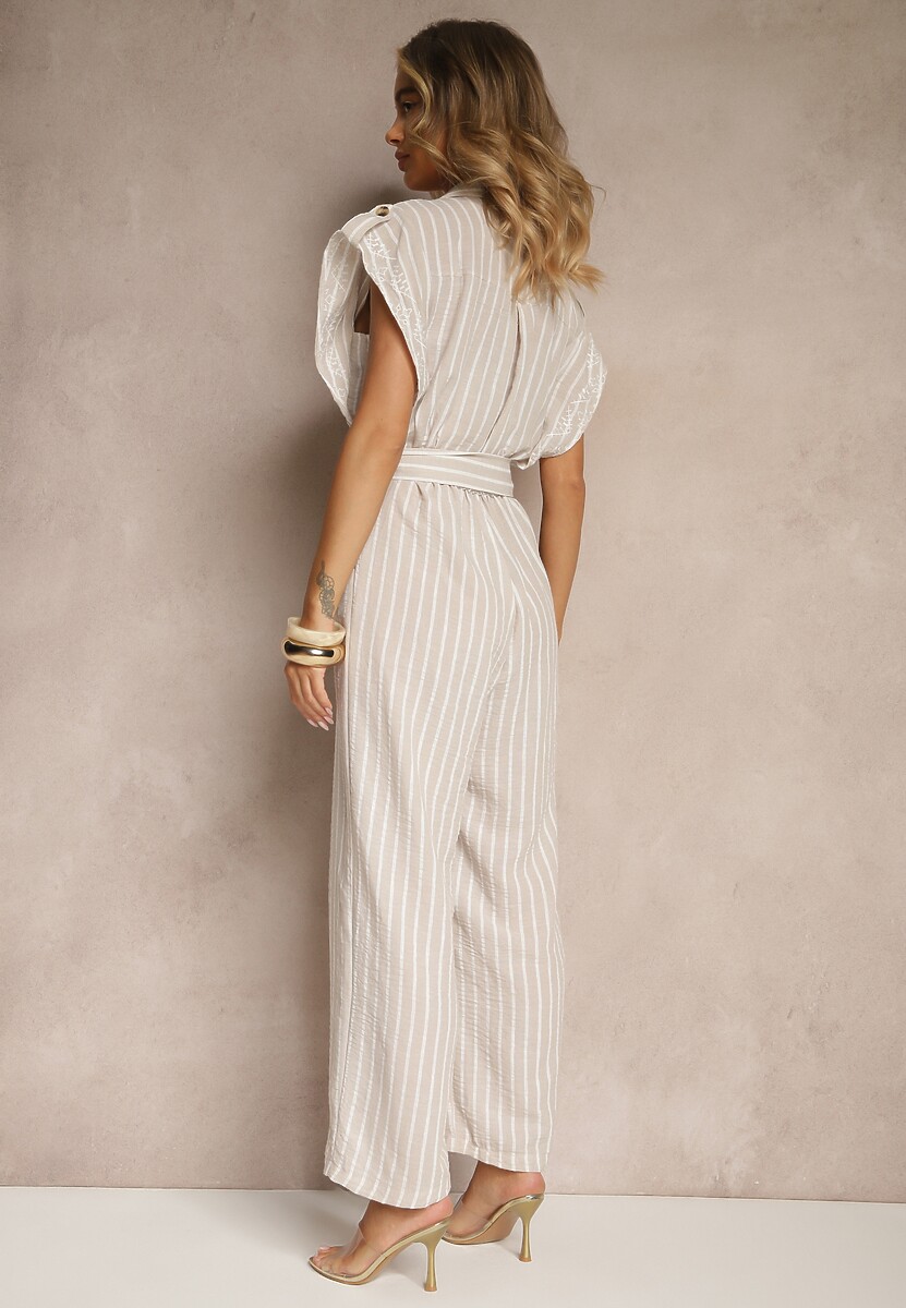 Beżowy Koszulowy Kombinezon z Bawełny z Wiązanym Paskiem Amevilia