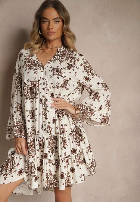 Brązowa Sukienka z Wiskozy Ozdobiona Geometrycznym Motywem Filionea