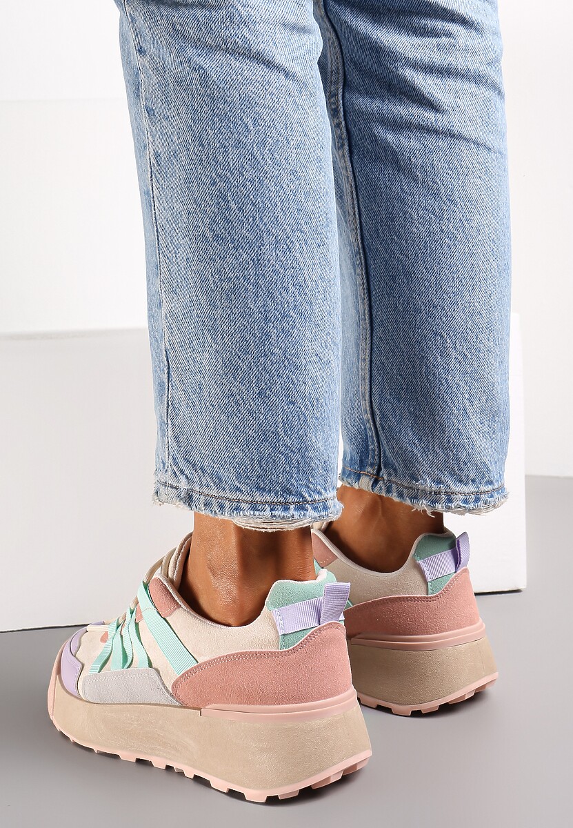 Beżowo-Fioletowe Sznurowane Płaskie Sneakersy z Kolorowymi Wstawkami z Ekoskóry Wonise