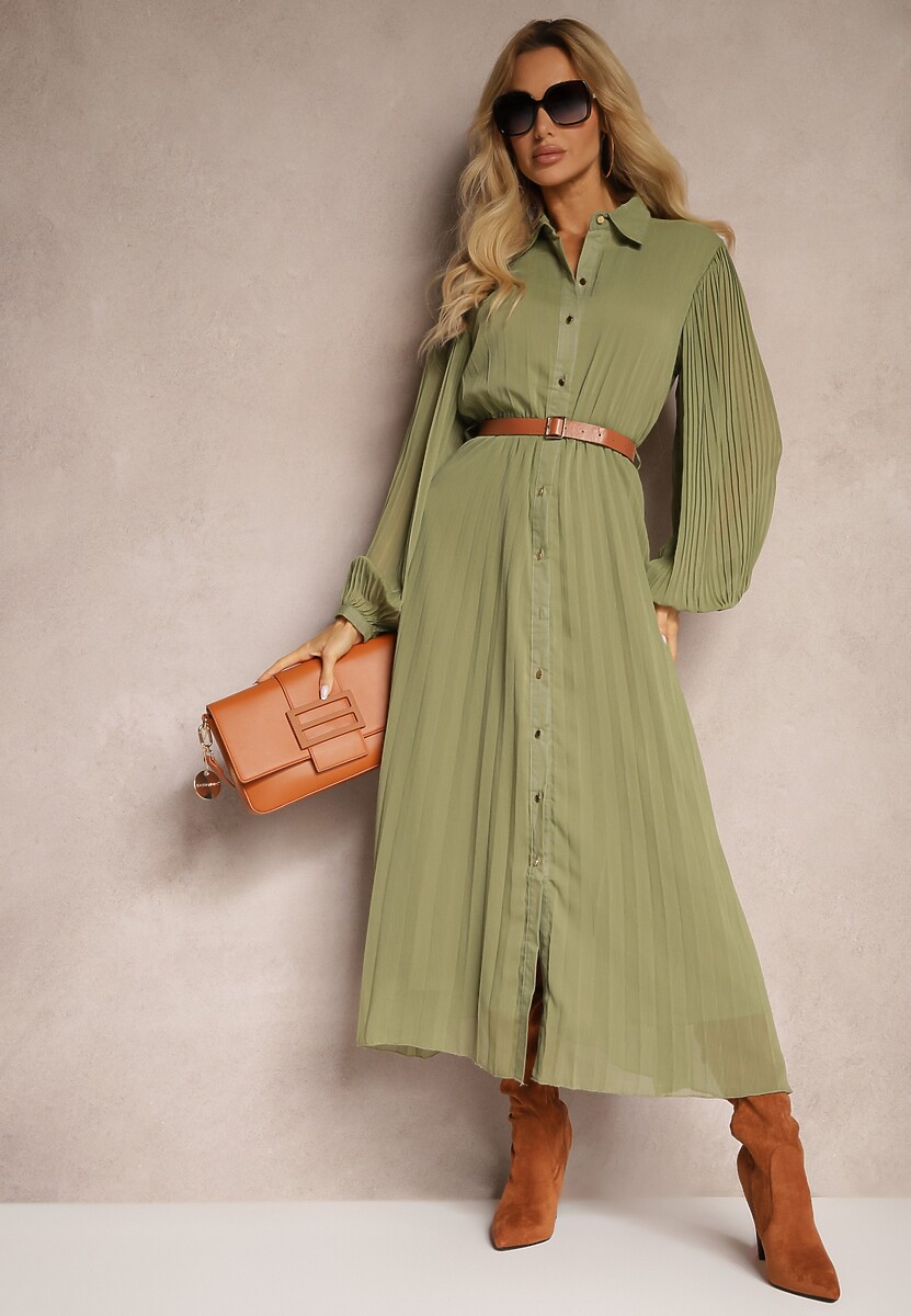 Zielona Koszulowa Sukienka z Plisami i Dodatkowym Paskiem Miarosea