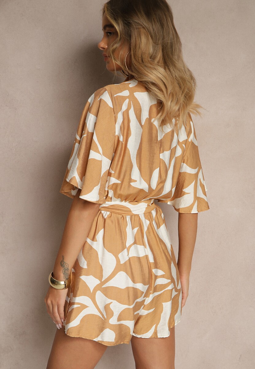 Beżowy Kombinezon z Wiskozą o Kopertowym Kroju z Wiązanym Paskiem Folavelle