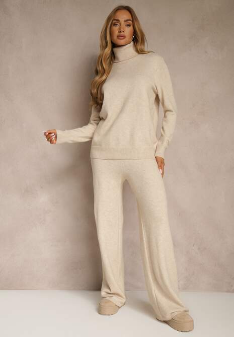Jasnobeżowy Komplet Dzianinowy z Wełną i Bawełną Szerokie Spodnie i Golf Lennria