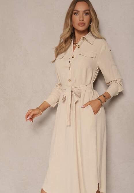 Beżowa Sukienka z Bawełny o Koszulowym Kroju Wiązana w Talii Zinrose