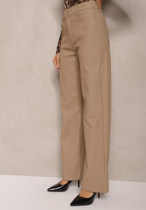 Beżowe Spodnie Woskowane o Szerokim Kroju High Waist Sezila