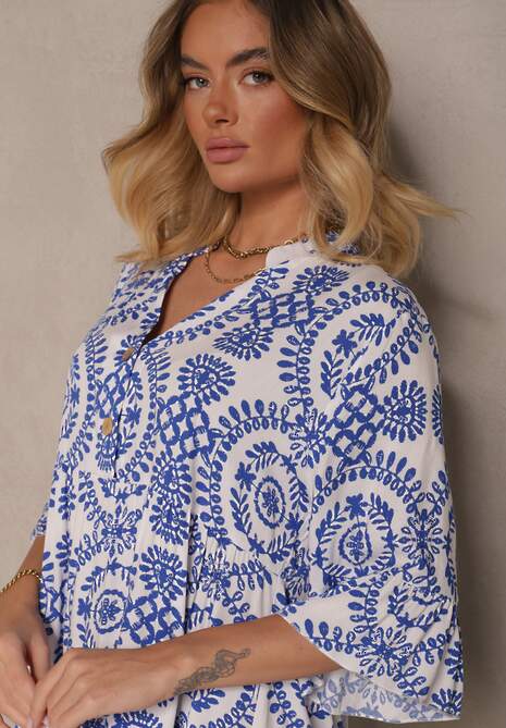 Niebieska Sukienka z Bawełny o Rozkloszowanym Kroju Ozdobiona Guzikami Janivra