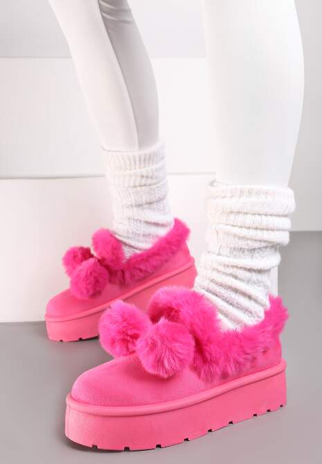Fuksjowe Śniegowce na Platformie z Pomponami i Ozdobnym Sztucznym Futerkiem Iriviane