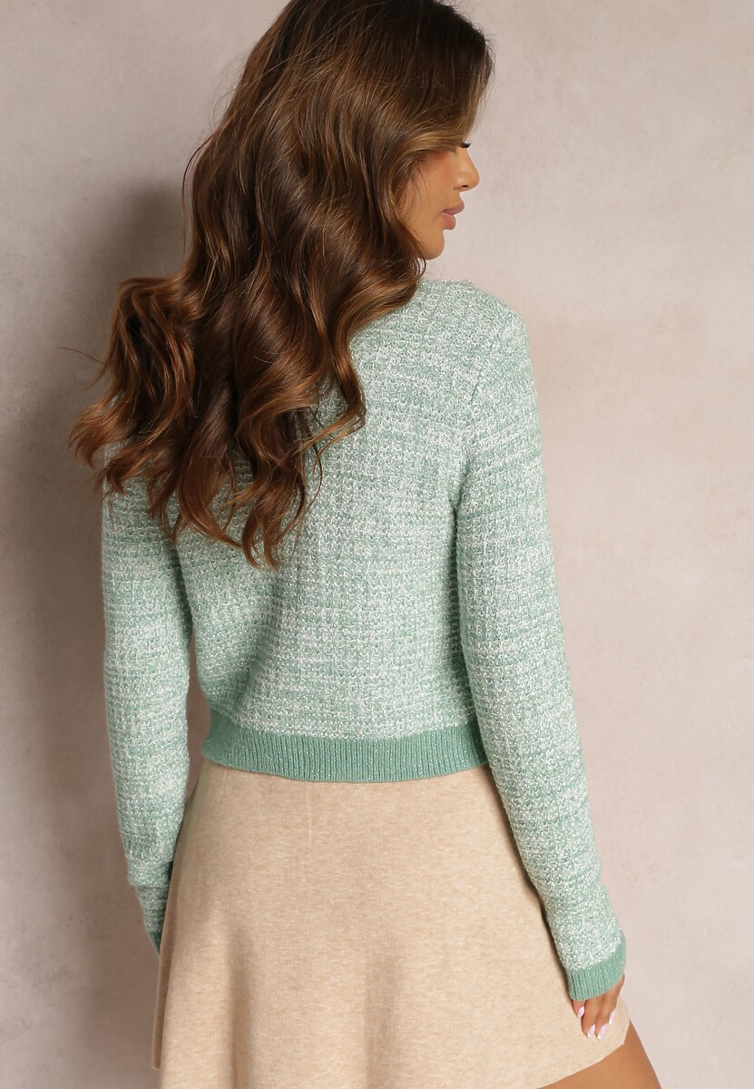 Zielony Kardigan Zapinany na Ozdobne Guziki z Metaliczną Nitką Flizome