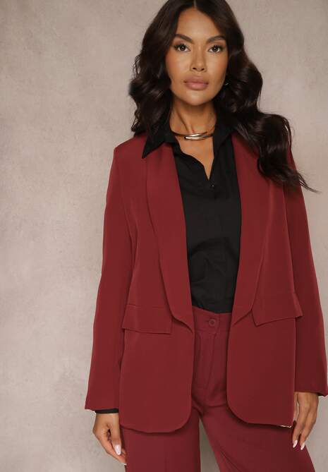 Bordowa Niezapinana Marynarka o Prostym Kroju z Imitacją Kieszeni i Podszewką w Cętki Sartea