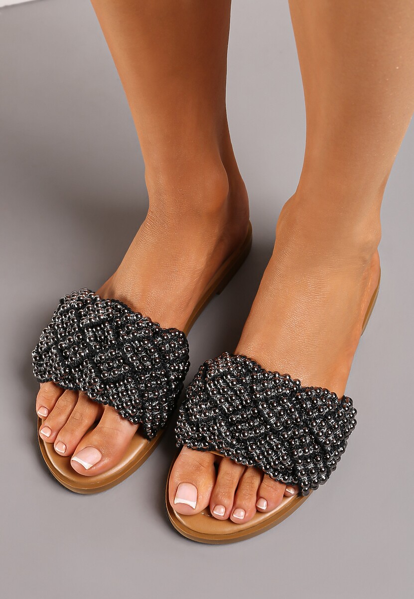 Czarne Płaskie Klapki z Elegancką Plecionką z Koralików Waldase