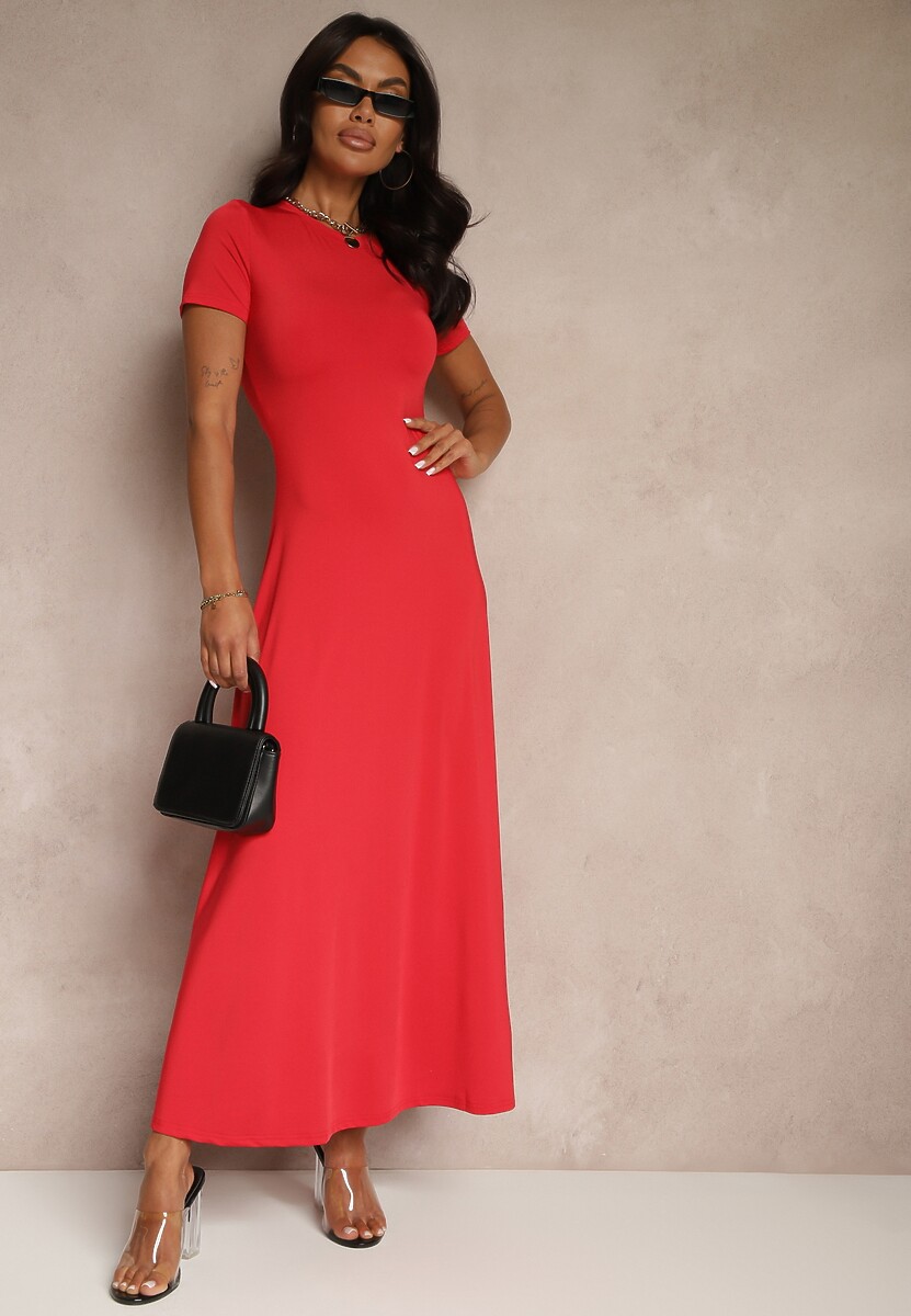 Czerwona Taliowana Sukienka z Krótkim Rękawem Liranisea