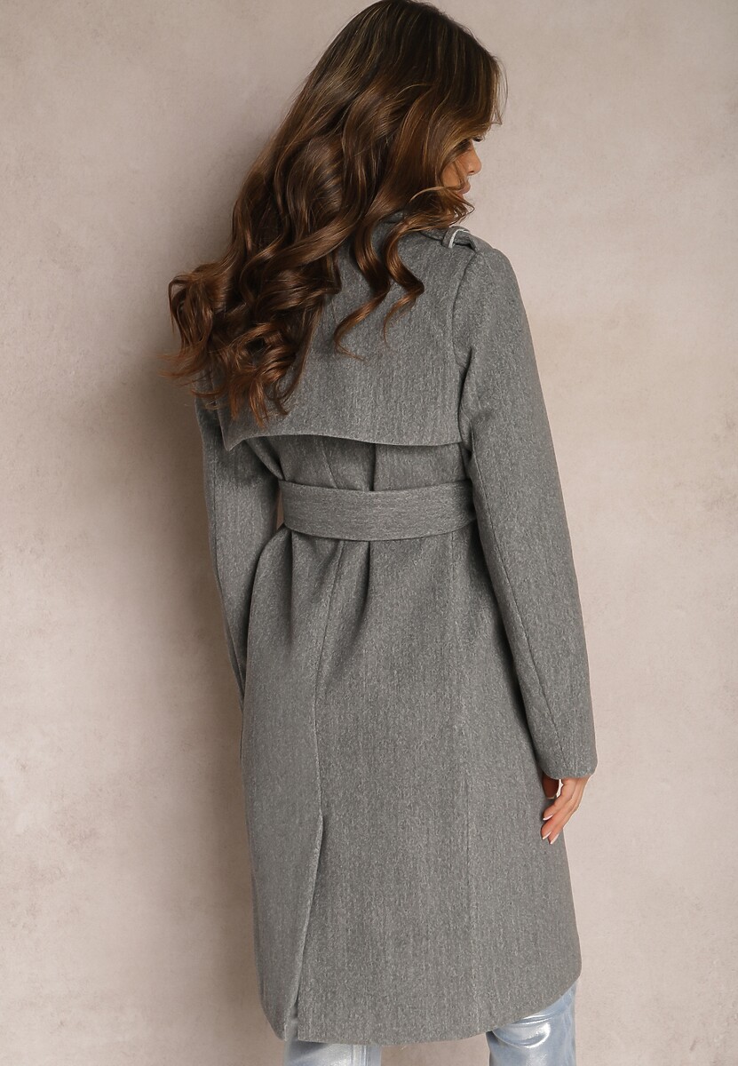 Szary Dwurzędowy Płaszcz z Wiskozy z Paskiem w Talii Beluna