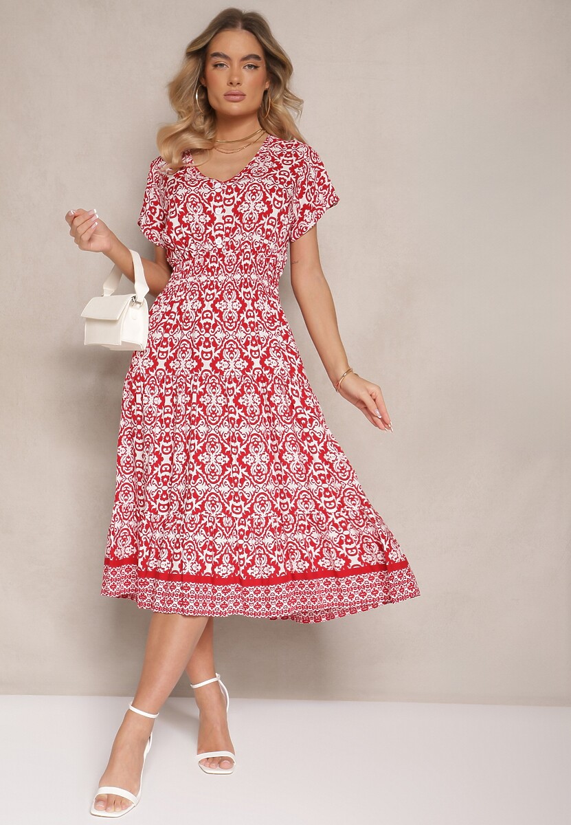 Czerwona Rozkloszowana Sukienka z Bawełny w Print Paisley Lanarisa