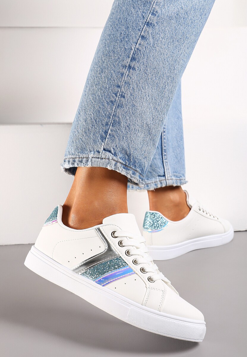 Biało-Niebieskie Casualowe Sneakersy z Brokatem i Metalicznym Zdobieniem Tidalis
