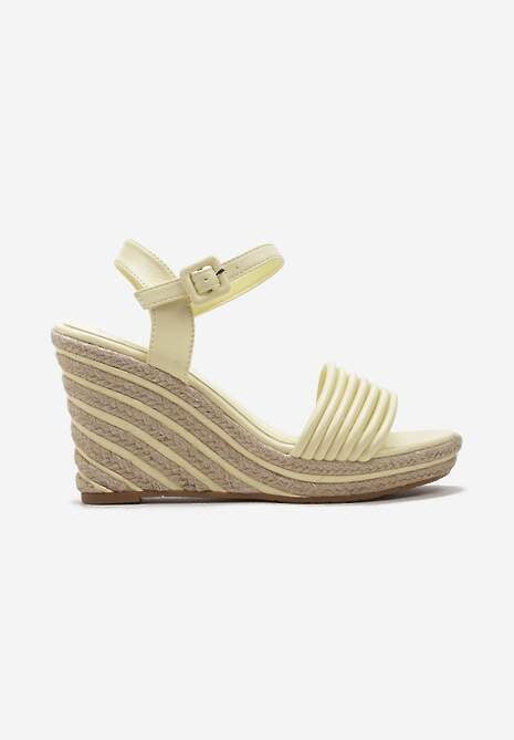 Żółte Sandały Zapinane wokół Kostki Ozdobione Plecionką na Koturnie Gwenda
