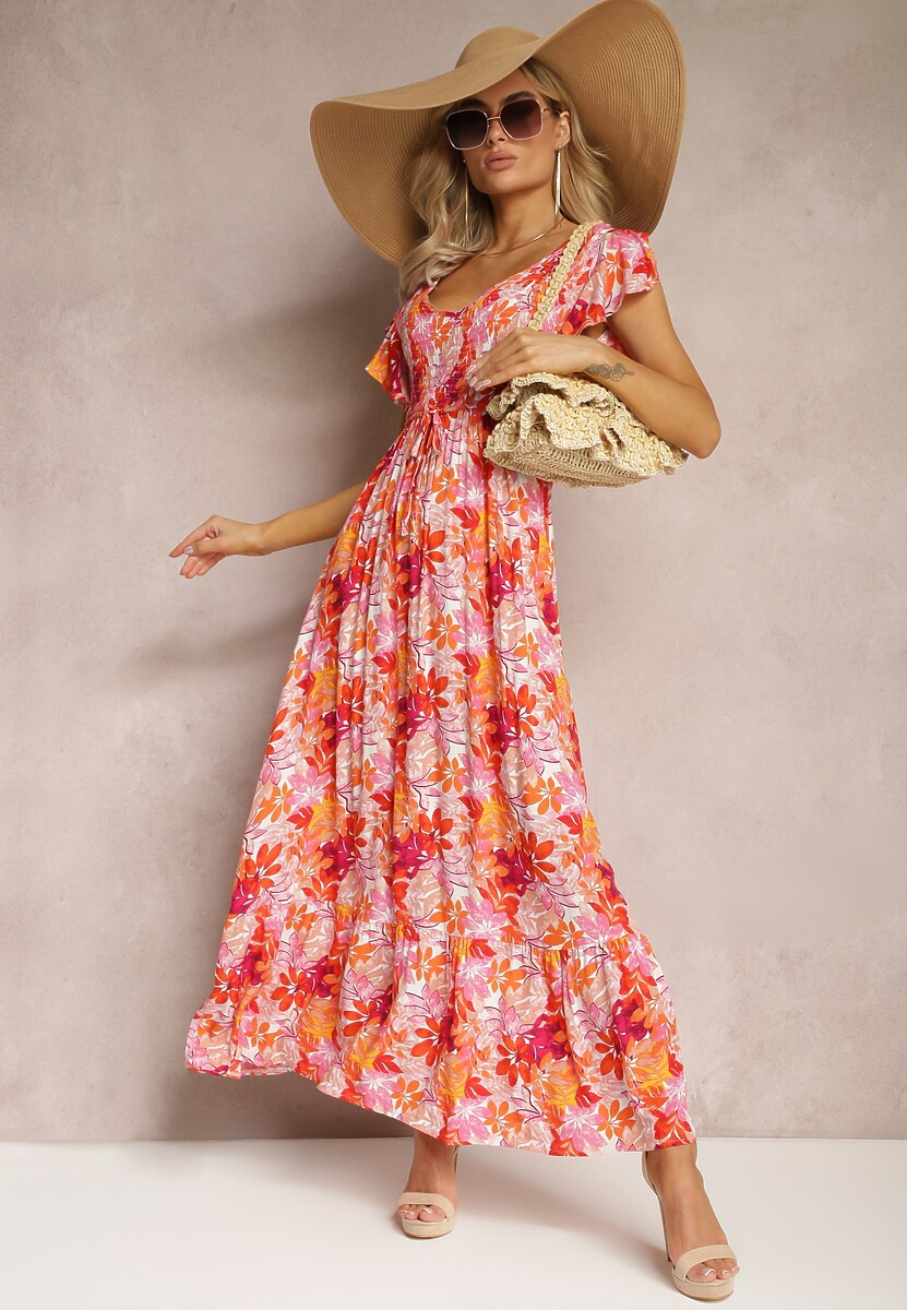 Zielona Długa Sukienka w Kwiaty z Gumką w Pasie Liumbia