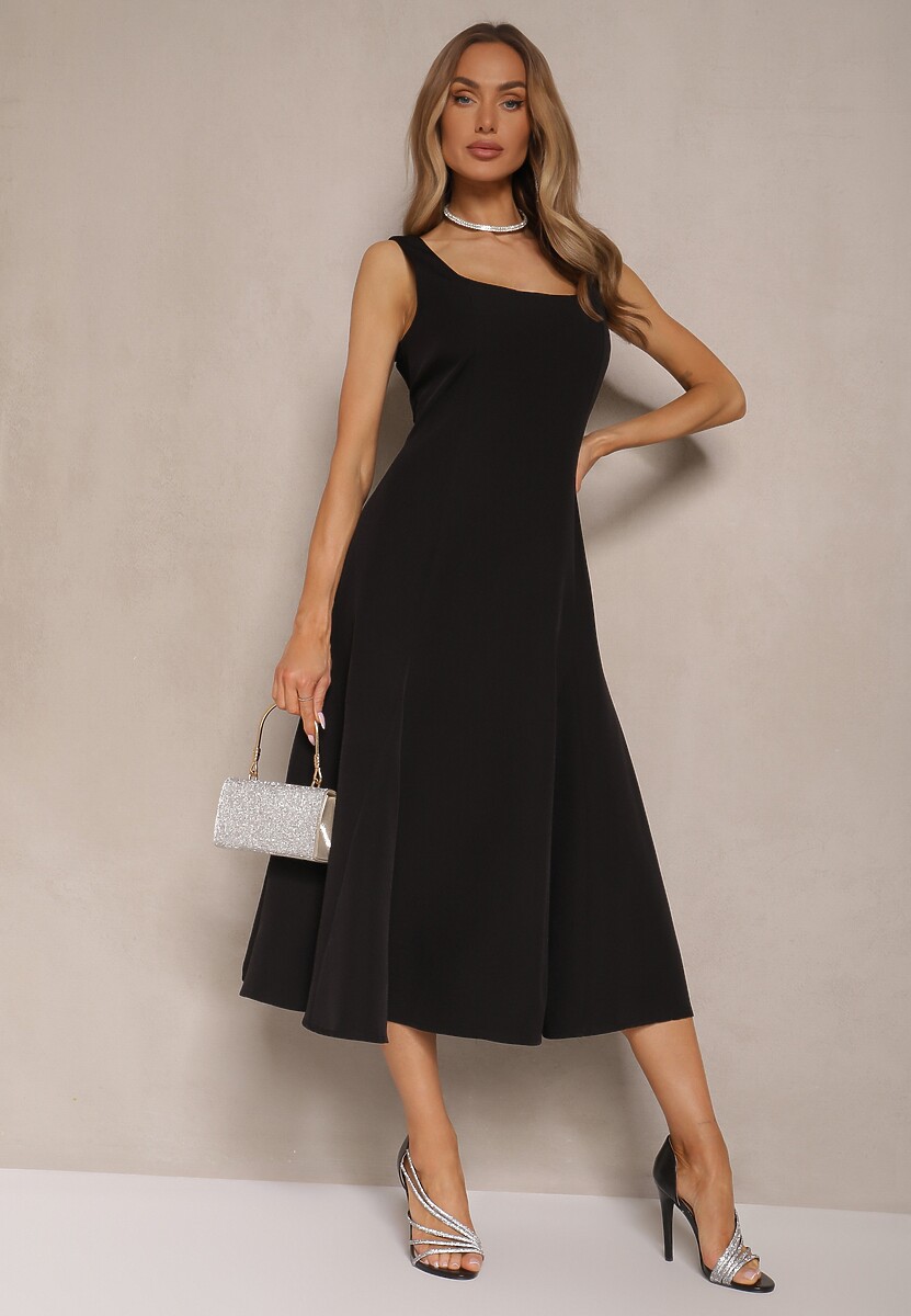 Czarna Rozkloszowana Sukienka w Klasycznym Stylu Deslene