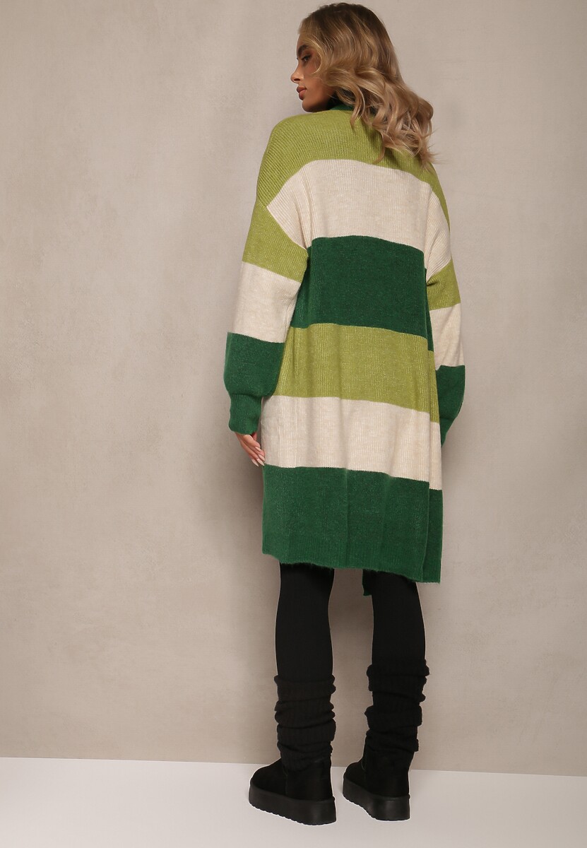 Zielony Luźny Kardigan Niezapinany w Paski Blikoze