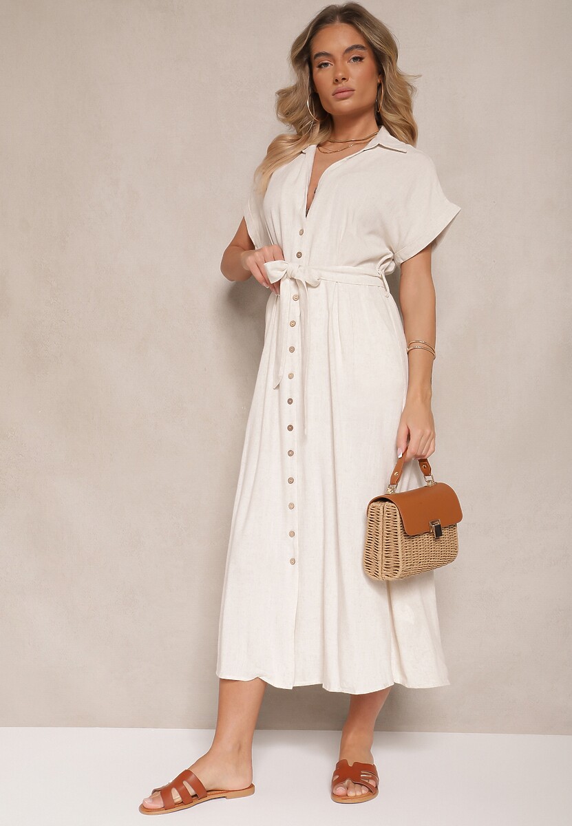 Jasnobeżowa Bawełniana Sukienka Koszulowa z Wiązanym Paskiem i Krótkim Rękawem Elannoria