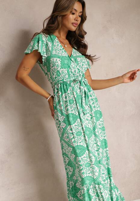 Zielona Rozkloszowana Sukienka z Kopertowym Dekoltem i Wiązanym Paskiem Brynis