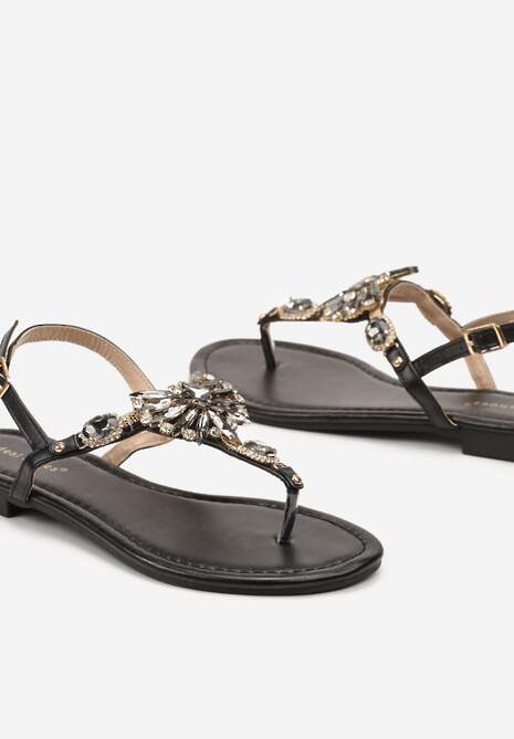 Czarne Sandały na Płaskiej Podeszwie w Stylu Japonek z Opalizującymi Cyrkoniami Mandrea