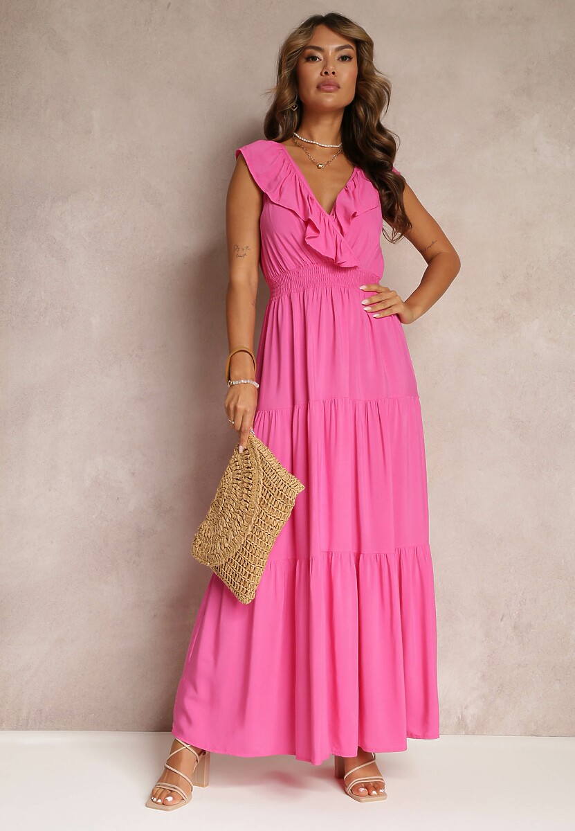 Miętowa Rozkloszowana Sukienka Maxi z Gumką w Talii i Falbanką Laylani