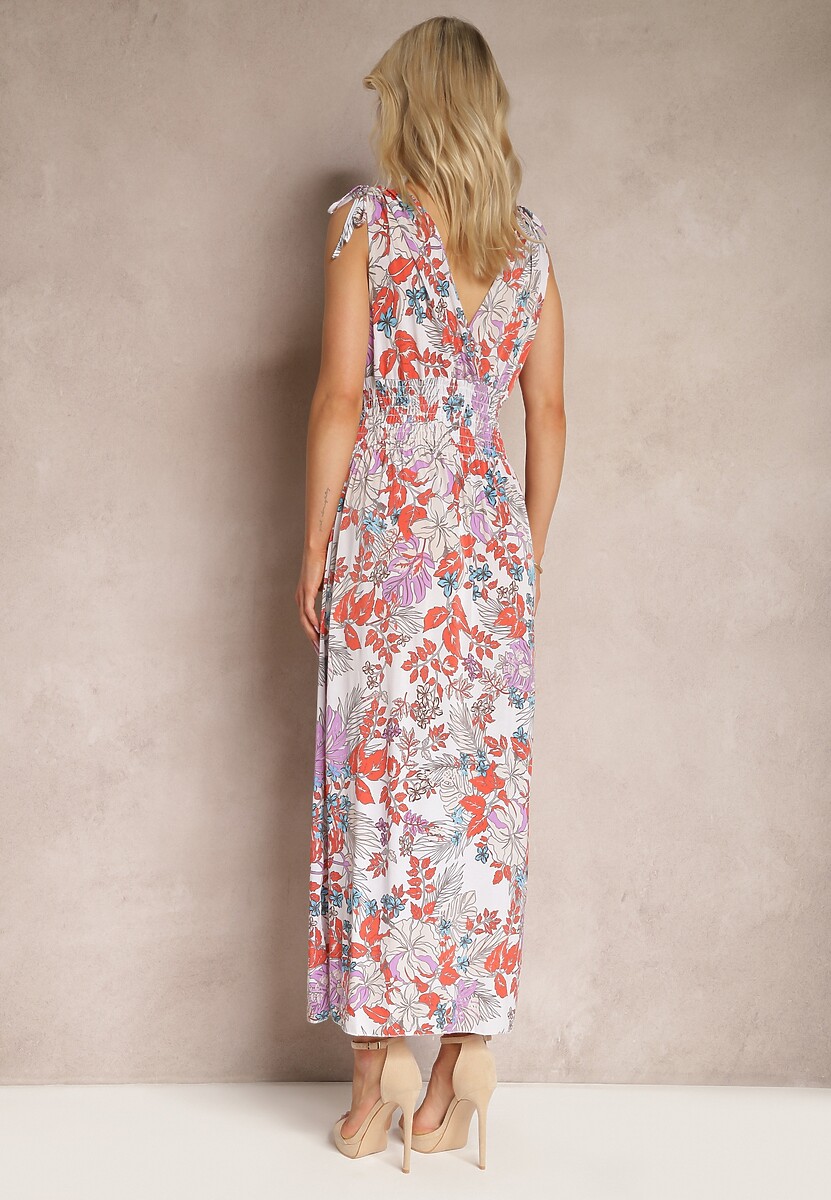 Biało-Różowa Kwiecista Sukienka z Gumką w Talii i Trójkątnym Dekoltem Vialessia