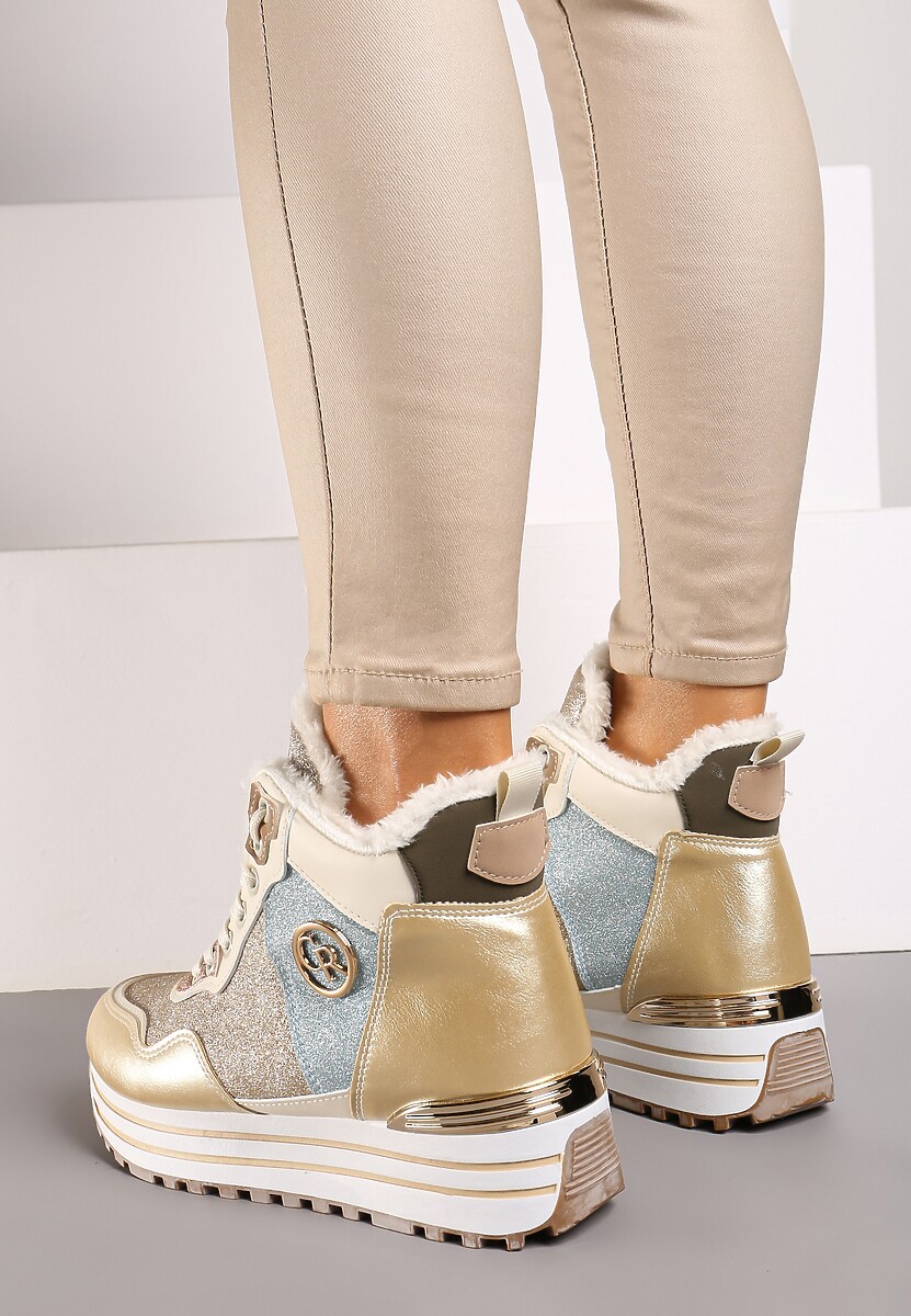 Złote Płaskie Sznurowane Botki w Sportowym Stylu z Metalicznym Wykończeniem Benalin