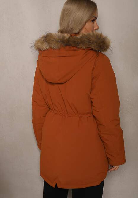 Brązowa Kurtka w Stylu Parka ze Ściągaczami w Talii i Odpinanym Kapturem z Futerkiem Fezirra