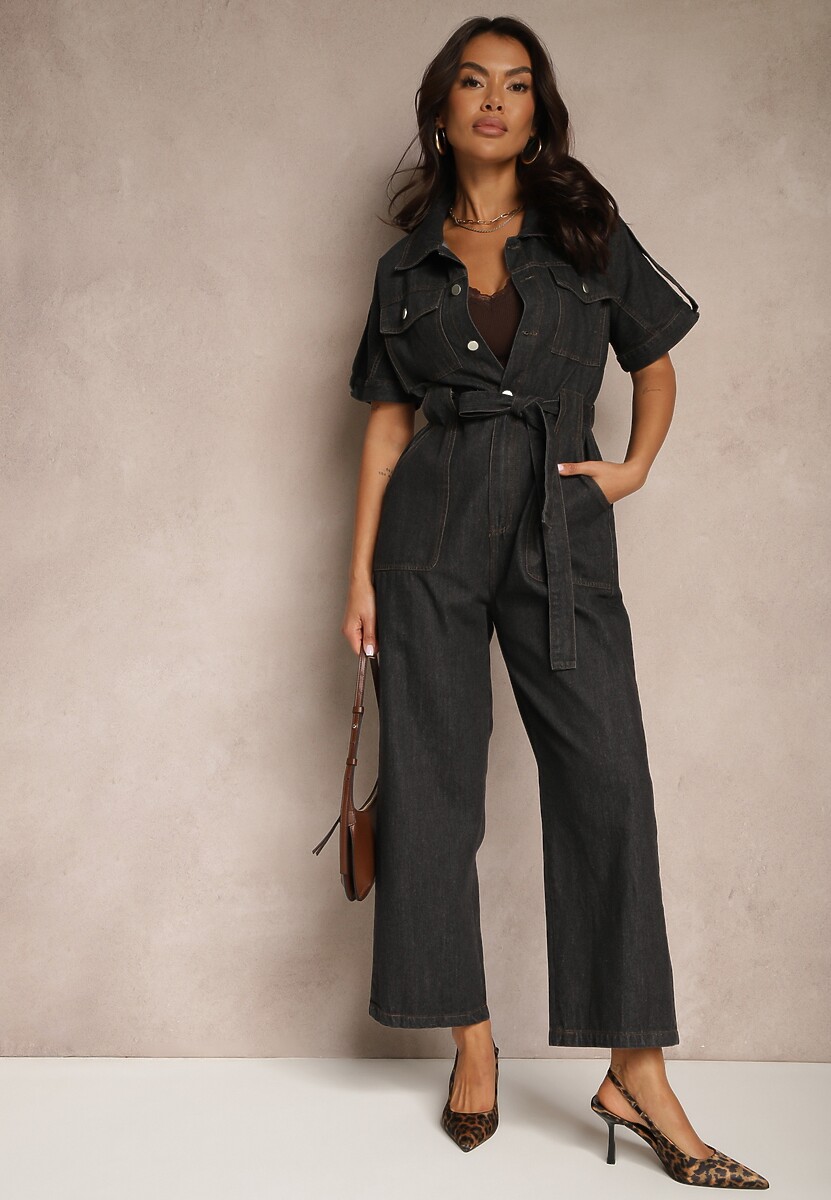 Czarny Denimowy Kombinezon z Bawełny z Materiałowym Paskiem w Talii i Szerokimi Nogawkami Yonadea