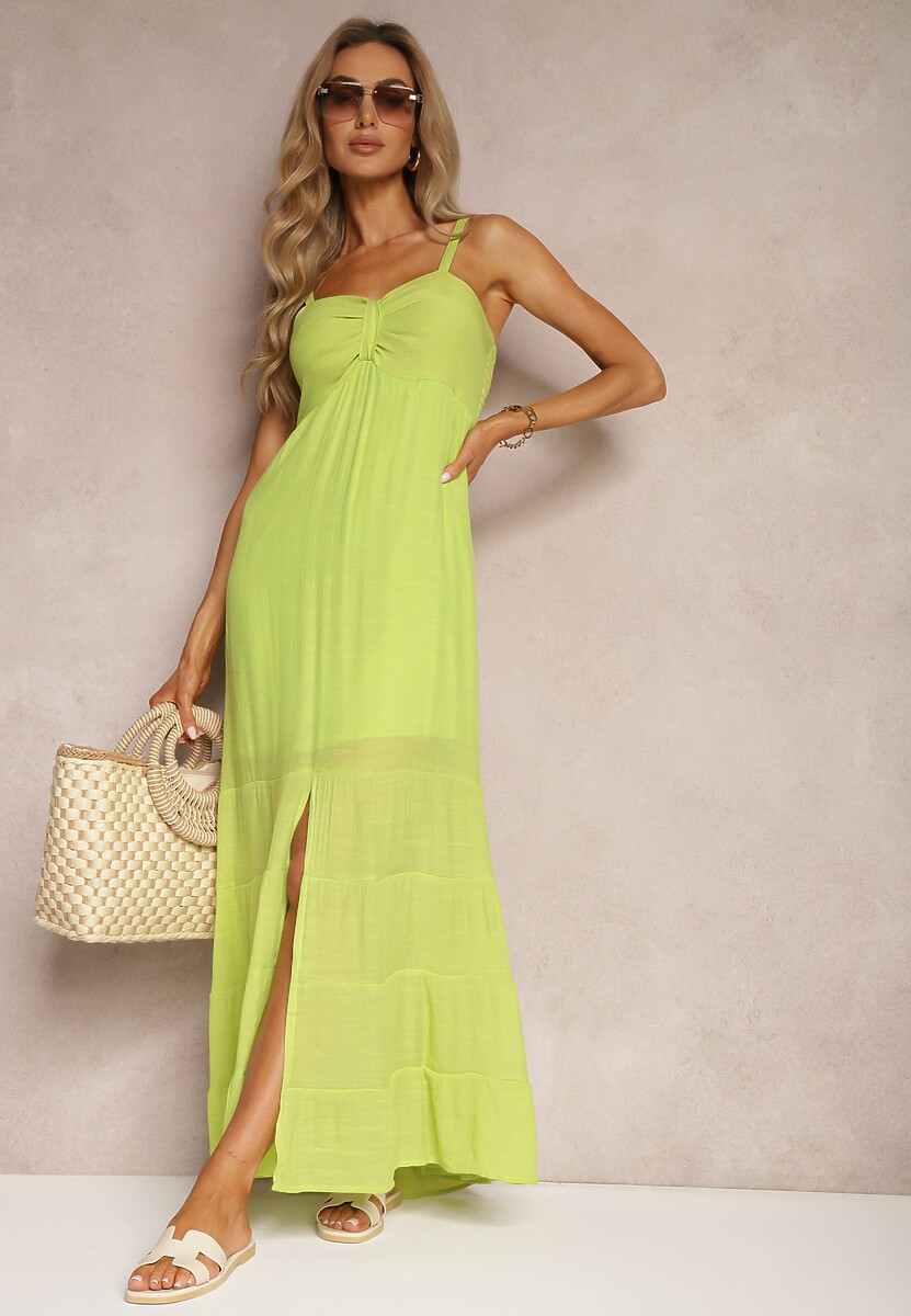 Jasnozielona Sukienka z Dodatkiem Bawełny na Ramiączkach z Regulacją oraz Gumką z Tyłu Tinanoras