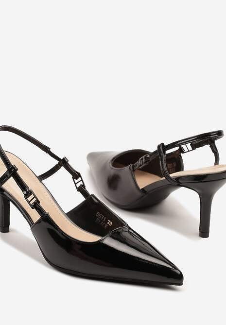 Czarne Lakierowane Sandały na Szpilce ze Spiczastym Noskiem Odelna