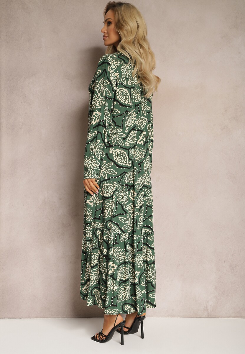 Ciemnozielona Sukienka Koszulowa w Kwiaty Kolni