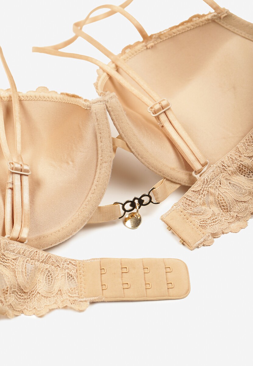 Ciemnobeżowy Biustonosz Typu Push Up z Koronką i Regulowanymi Podwójnymi Ramiączkami Emavina