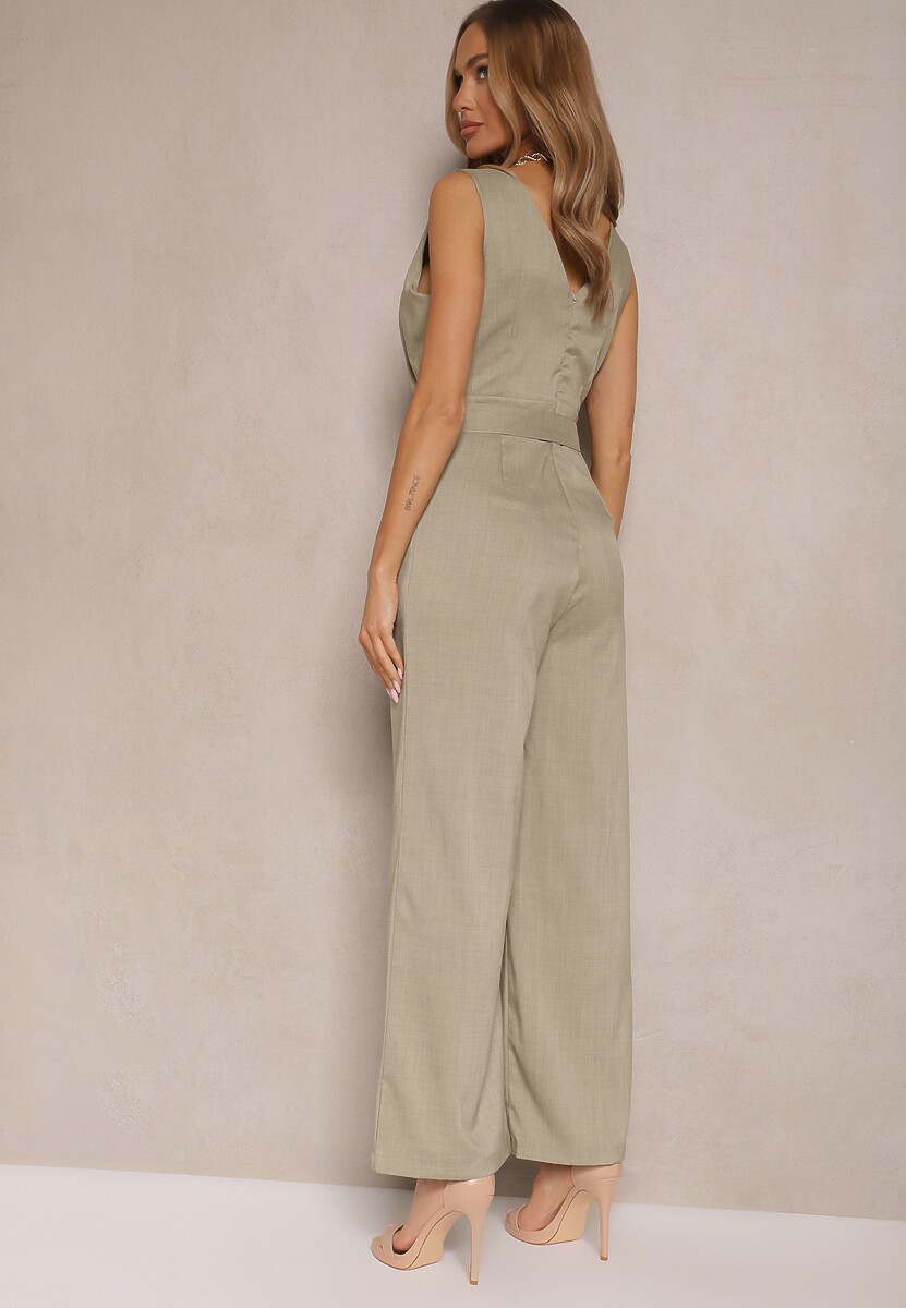 Jasnozielony Kombinezon z Długimi Spodniami Kopertowy z Paskiem w Talii Ronasia