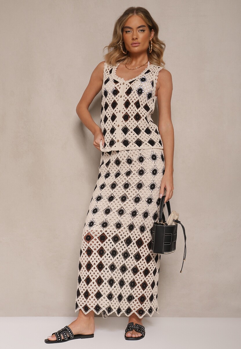 Czarna Ołówkowa Spódnica z Szydełkowej Tkaniny z Gumką w Talii Banamira