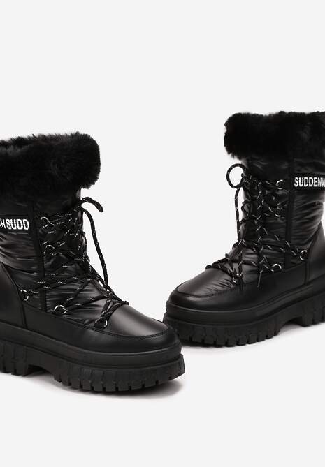 Czarne Śniegowce na Grubej Podeszwie z Futerkiem i Nadrukiem Juewa